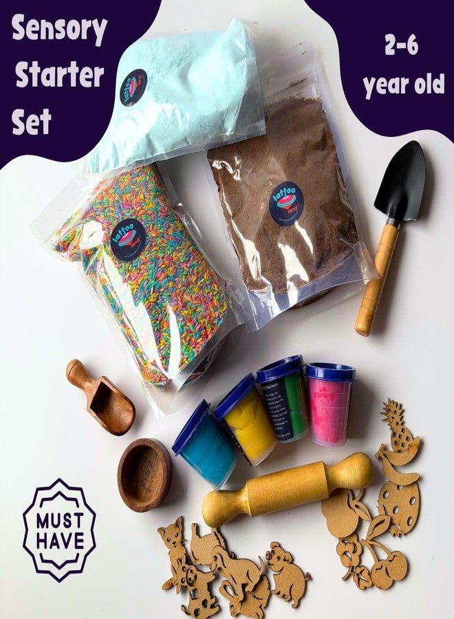 Lattooland Sensory Starter Kit for Kid | Taste-Safe Rice, Play Dirt, Clay Dough & Goo Powder | Wooden Farm Animals & Fruits | Child-Safe Sensory Wooden Tools | Transparent Tray | Bowl, Scoop & Roller - Image 2